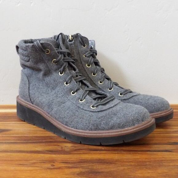 Dr Scholls Boots Womens‎ Size 9.5 M Little Wild Gray Flannel Lace Up Wedge Ankle - Picture 1 of 10